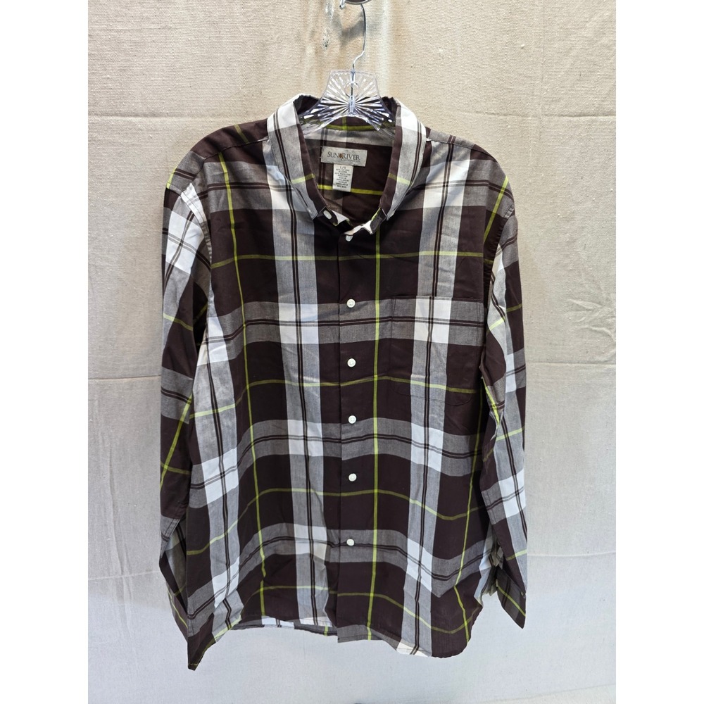 Sun River Clothing Co Mens Large Brown Lime Green Plaid Button Down Shirt L/S‎
